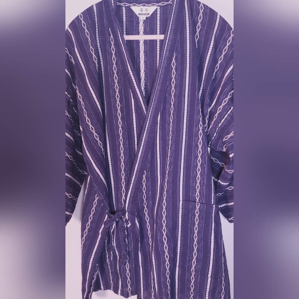 Japanese Kimono Cotton Cardigan Jacket Kimono Japan Textured Size LL Blue Stripe - Picture 3 of 16